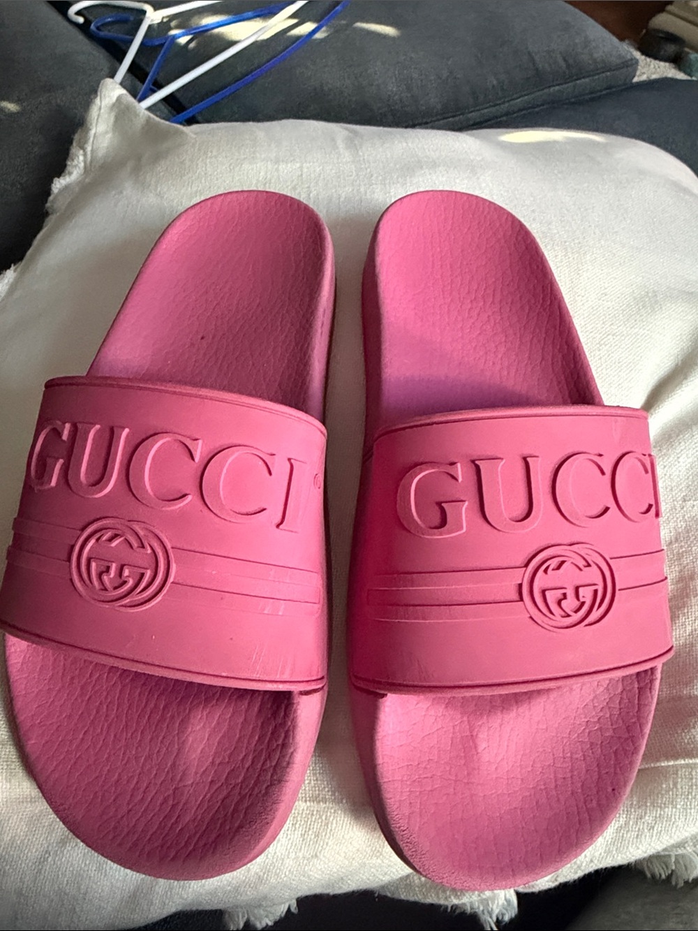 Gucci Bright Pink Embossed Logo Slide Sandals